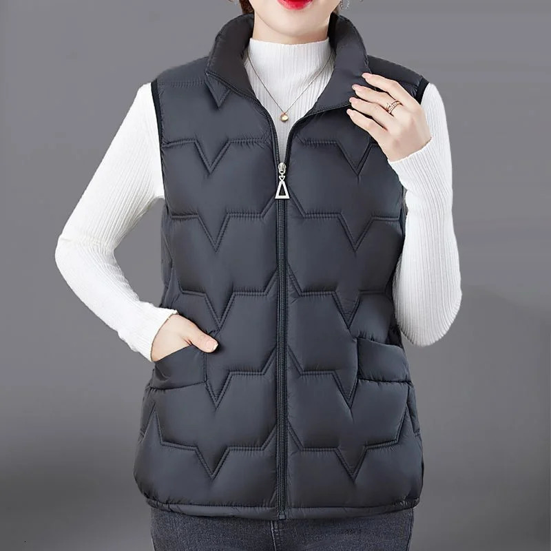 Fashion Women Down Cotton Jackets Vests Solid Stand Collar Zipper Cardigan Thicken Autumn Winter Warm Casual Sleeveless Coats 251024