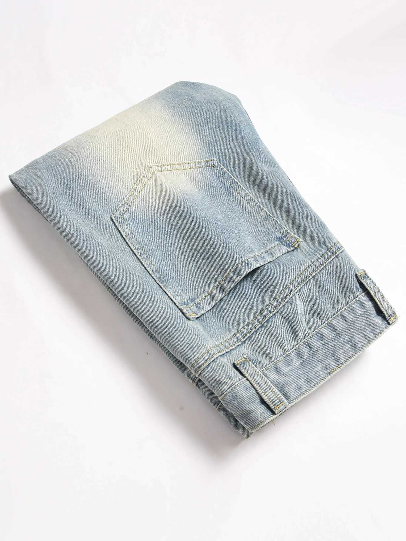 Vintage Streetwear Mens Jeans Relaxed Fit Distressed Washed Blue Mid Waist Denim Pants Straight Leg Ripped Casual Male Clothing J251030