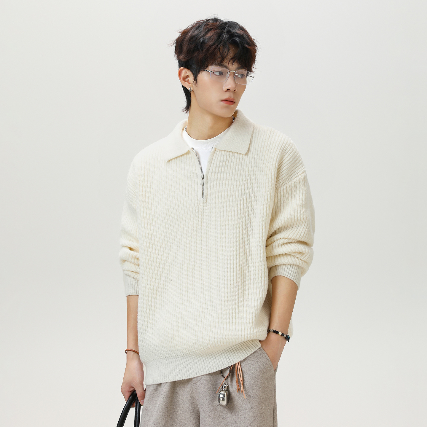 Half-zip Cardigan With Designer Sweater Turn-down Collar For Men Autumn And Winter Style Loose Fit Faux Deer Fur Pullover Knit Sweater Jacket
