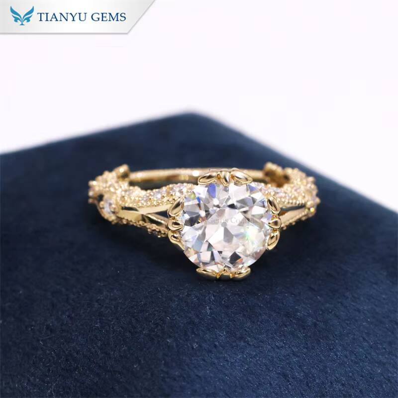 Tianyu Solid Gold 10K 14K 18K Silver 925 Custom Rings 3CTW Round OEC Moissanite Diamond Flower Pattern Engagement Ring