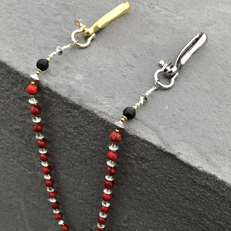 Handmade red stone bead niche American style pants chain punk street trend waist accessory 251021