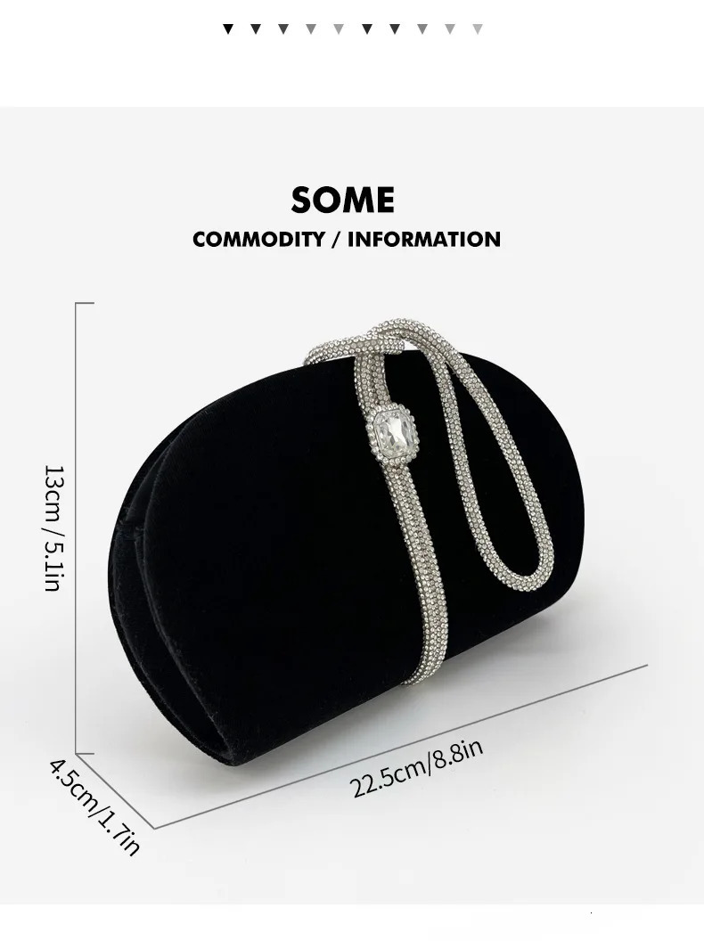 Sparkly Black Velvet Rhinestone Evening Bag With Crossing Handle Elegant Semicircle Clutch Purse For Wedding Party Dinner Bag 251023