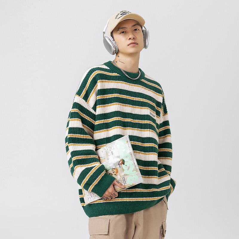 Striped Thick Knit Sweater For Men 2025 Autumn Winter New Designer Sweater Couple Color Block Round Neck Knitwear Jacket