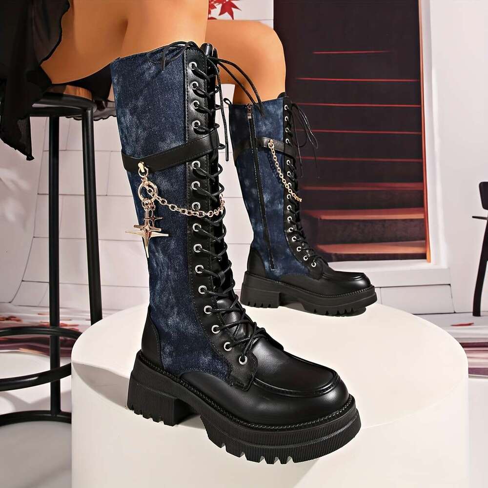 Women's Winter New Solid Color Patchwork Lace-Up Star Metal Chain Side Zipper Thick Sole Chunky Heel Knee-High Boots Fashion Versatile Casual Hig