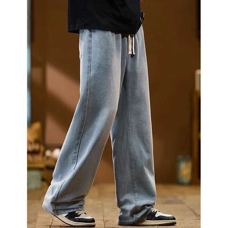 Men New Baggy Jeans Fashion Y2K High Street Retro Blue Trousers Elastic Drawstring Straight Wide Leg Loose Casual Denim Pants J251030
