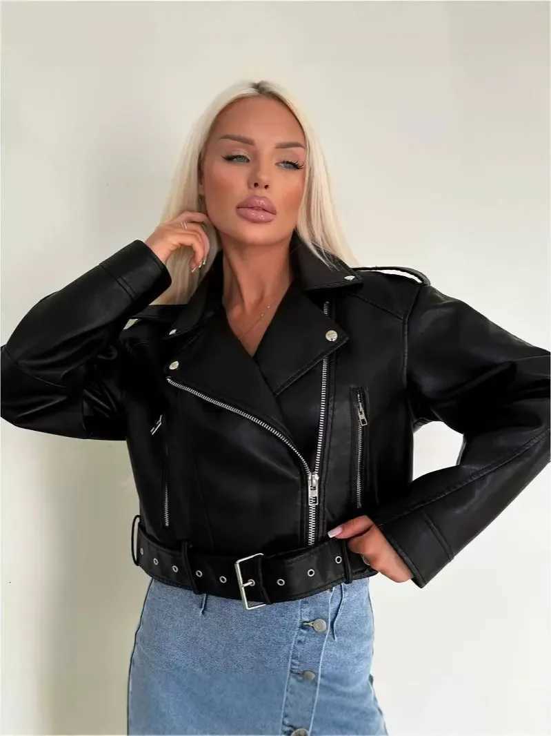 Women Oversized Vintage Loose Pu Faux Leather Short Jacket with Belt Streetwear Female Zipper Retro Moto Biker Coat Outwear Y251105