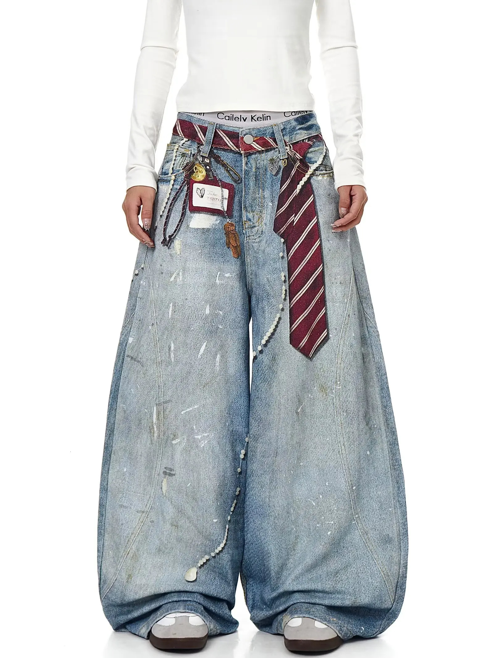 3D printed American retro straight leg wide leg jeans washed and worn high street jeans for women loose fitting Harajuku fashion 251029