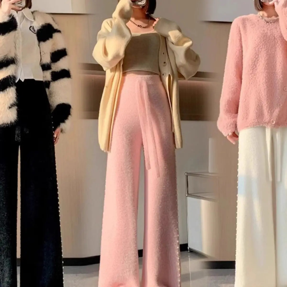 Pink Mink Fur Nail Bead Knitted Wide Leg Pants for Women in Autumn and Winter Lazy Relaxed Casual Straight Long 251027