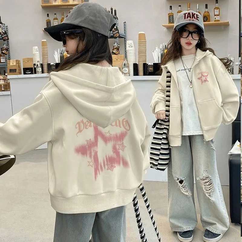 Girls American Streetwear Star Print FleeceLined ZipUp Hoodie AutumnWinter Stylish DesignT251030