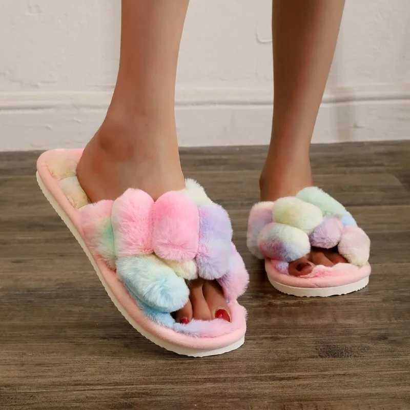 Winter Rainbow Slipper Ladies Women Colorful Plush Warm Flooring Non Slip Home House Shoes Flats Fluffy Family Footwear H251030