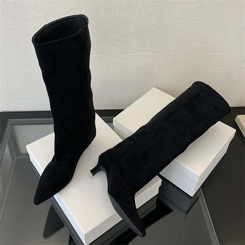 Eilyken Winter Street Style Pointed Toe KneeHigh Boots Women Low Heels Shoes Female Long Booties Zapatos De Mujer 251030