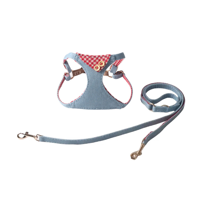 Plaid Denim Dog Harness & Leash Set with Decorative Buttons, Comfortable Breathable, Multi-Color Options, for Small Dogs, Sturdy Metal Buckles, Ideal 