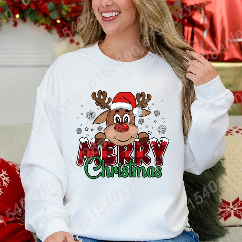 Womens Festive Christmas Reindeer Plaid Graphic Sweatshirt Casual Loose Fit Long Sleeve Crew Neck Sweatshirts for Winter 251030