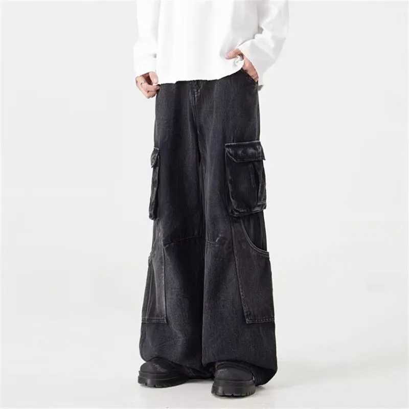2025 American Retro Y2K Streetwear Washed Black Baggy Cargo Jeans Pants For Men Clothing Wide Leg Straight Trousers Ropa Hombre J251030
