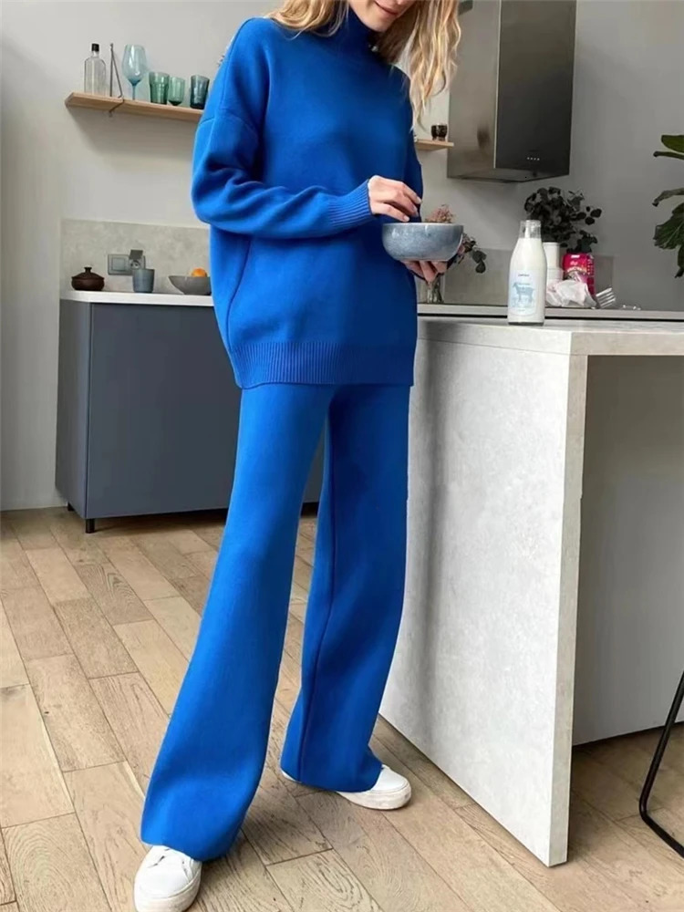 Autumn Winter 2 Pieces Women Sets Knitted Tracksuit Turtleneck Sweater and Straight Jogging Pants Suits 251028