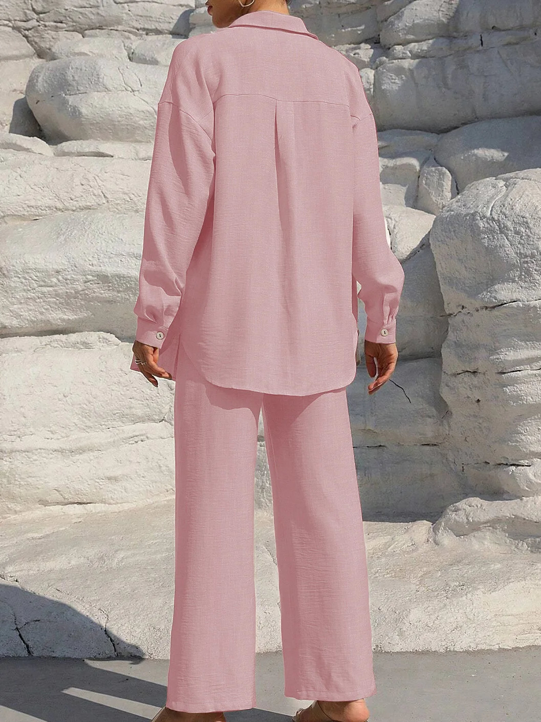 Womens Solid Button Front Shirt Tie Front Wide Leg Pants Twopiece Set Casual Drop Shoulder Long Sleeve Blouse Top Trouser 251029