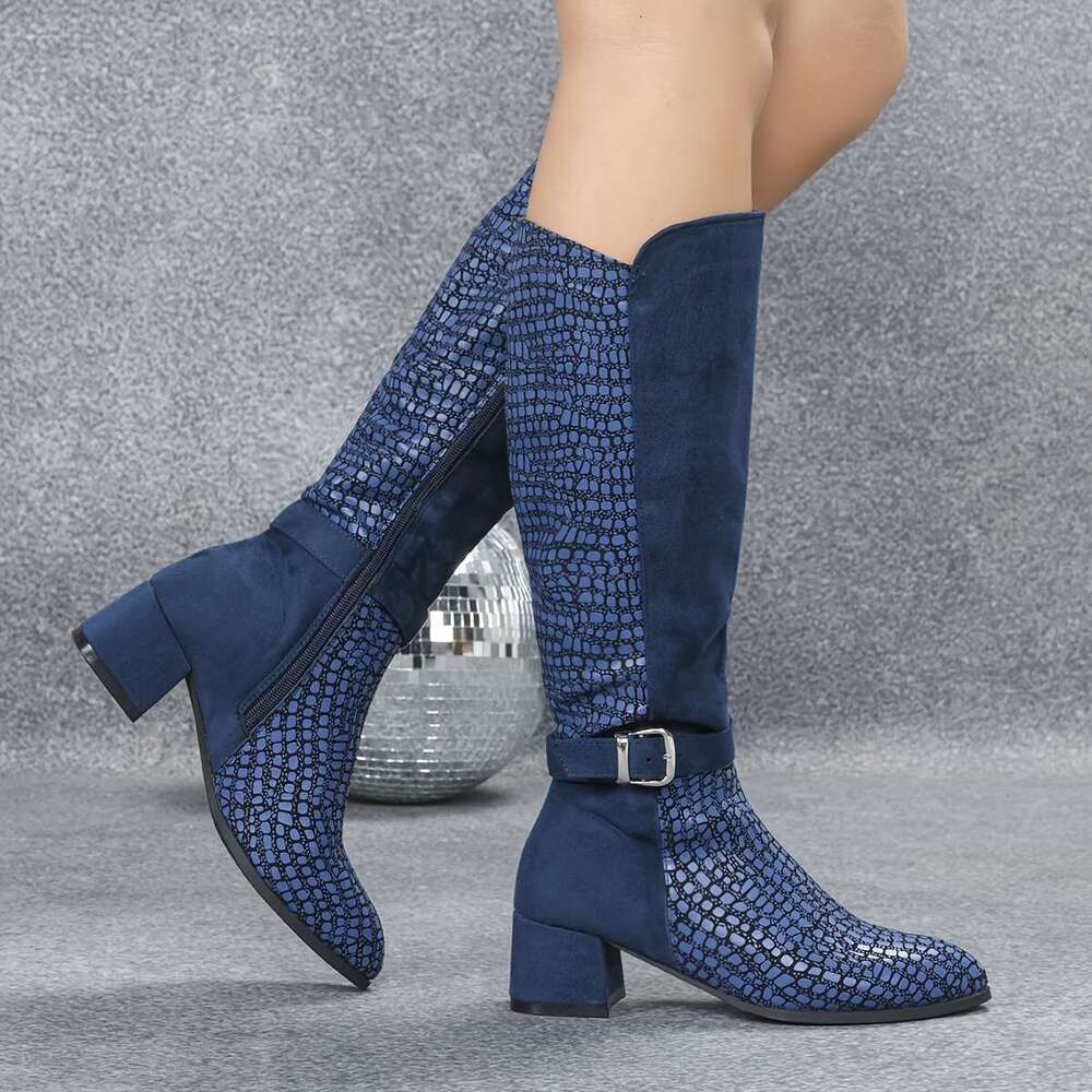 Women's Elegant Navy Blue Knee-High Boots With Thick Heel, Side Zipper Round Toe - All-Season Faux Cover/Fabric Upper, Plush Lining & TPU Sole Fo