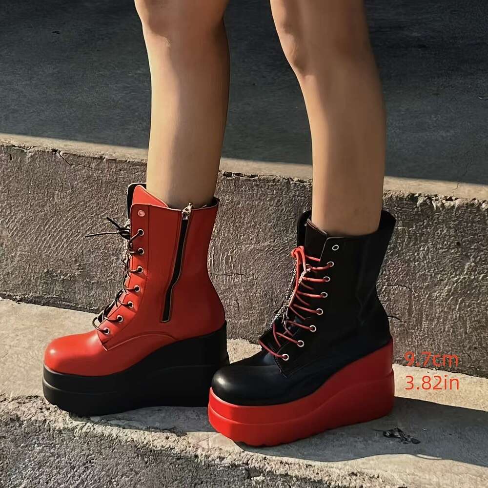 Women's Gothic Punk High - Red & Black Lace-Up With Chain Dangling Decor, All-Season Performance Short Boots, Casual Platform Heel | Laceup Boots