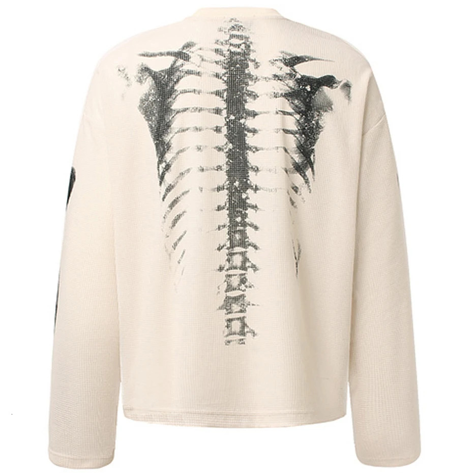 Skeleton Graphic Tshirts Men Streetwear Harajuku Hip Hop Oversized T Shirts Long Sleeve Tee Tops Black Beige 251028