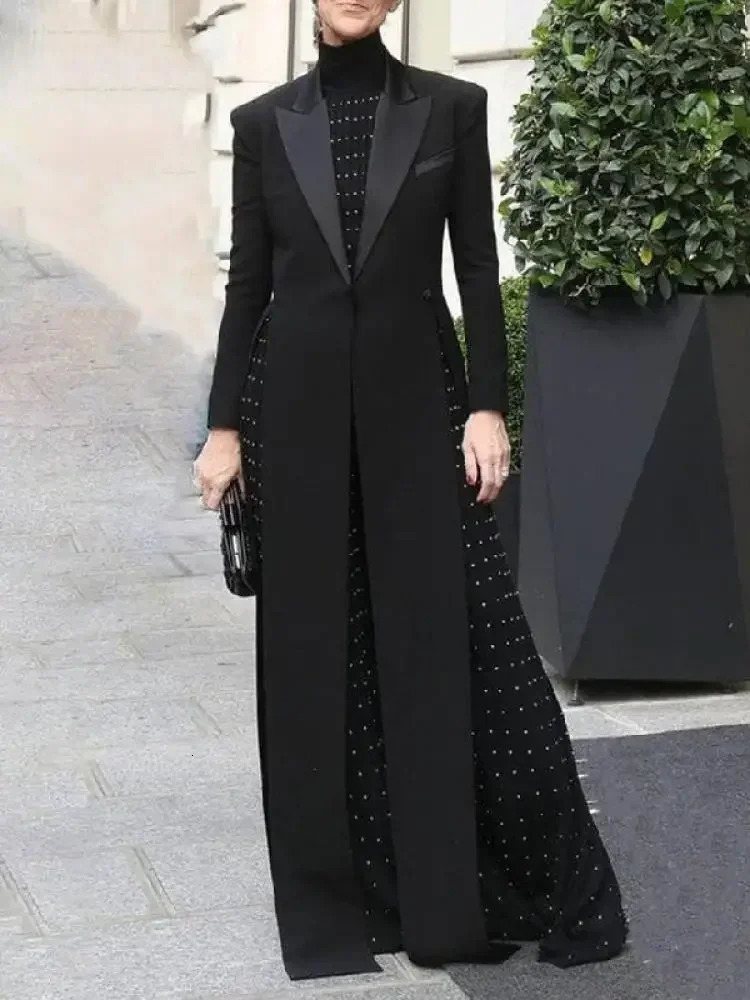 Womens Long Blazer Top Notched Collar Sleeves SplitSide Outerwears Office Ladies Coat 251027