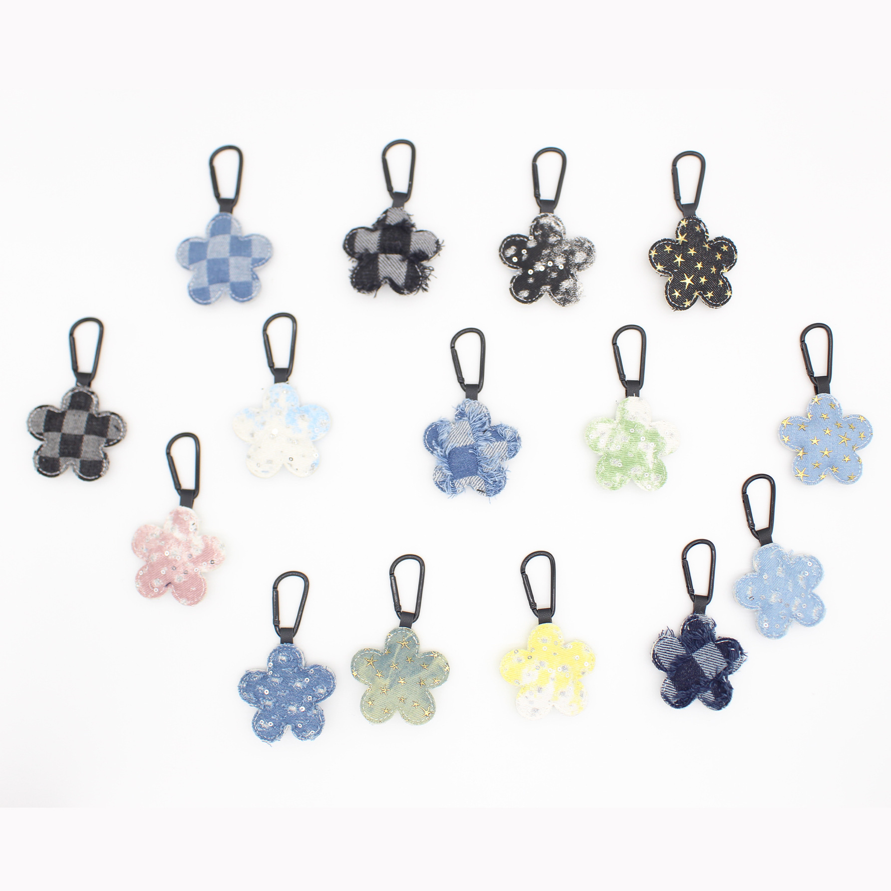 New Simple Denim Plaid Sequin Fabric Flower Keychain Bag Pendant Creative Accessories
