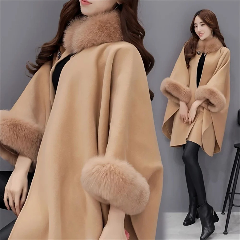 Autumn Winter Fashion Womens Long Fox Fur Collar Wooen Coat Cape Hepburn Style Woolen Plussize Top 251029