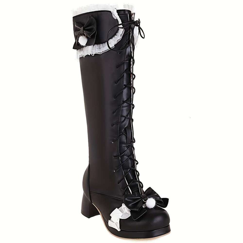 EROCALLI Women's Lace-Up Knee-High Boots With Bow Detail, Chunky Heel Side Zipper - PU Cover Dress Booties For All-Season Comfort, Casual & Wear,