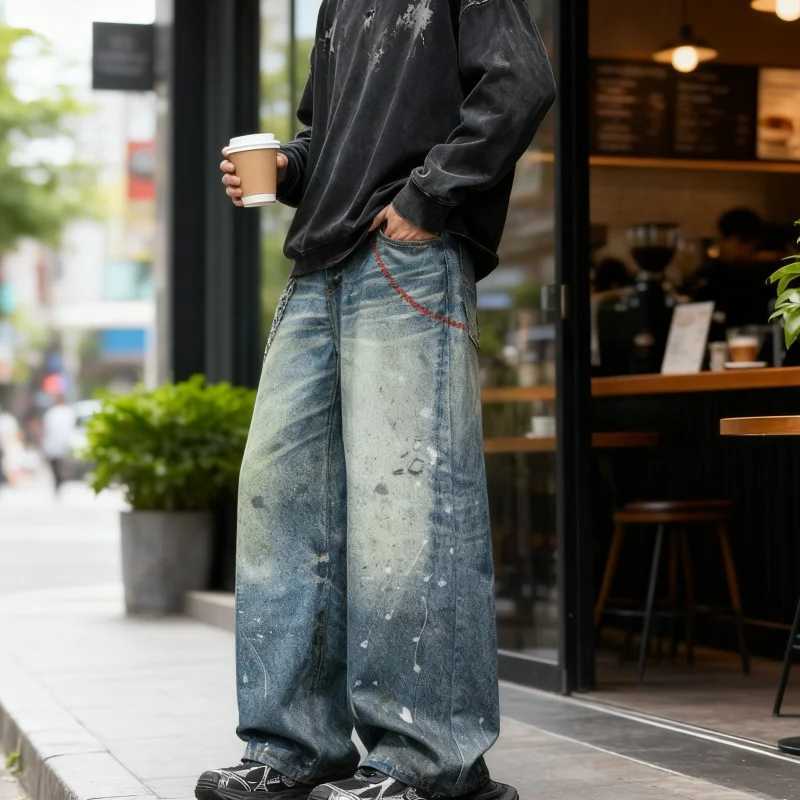 American street retro washed dirty straight leg loose high waisted jeans with distressed chain print mens straight leg jeans J251030