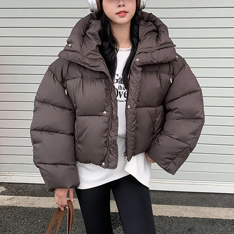 puffy hooded short parka thicken loose down cotton coat for women solid color warm outwears winter jacket 251015