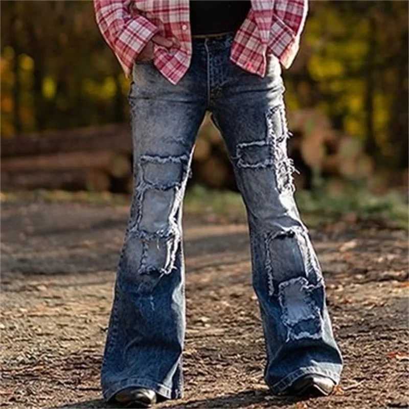 Vintage Patch Stretch American Style Flared Jeans Mens Streetwear Button Splicing Pocket Male Youth Daily Casual Denim Pants 23 J251030
