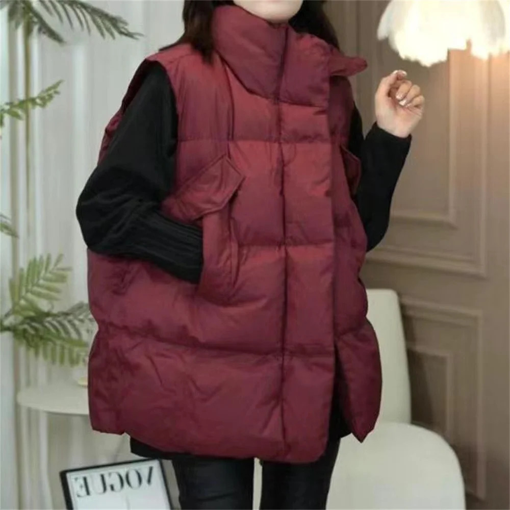 Korean Fashion 2025 Vest Jacket Women Winter Warm Waistcoats Ladies Stand Collar Down Coat Female Loose Oversize Outwears 251029