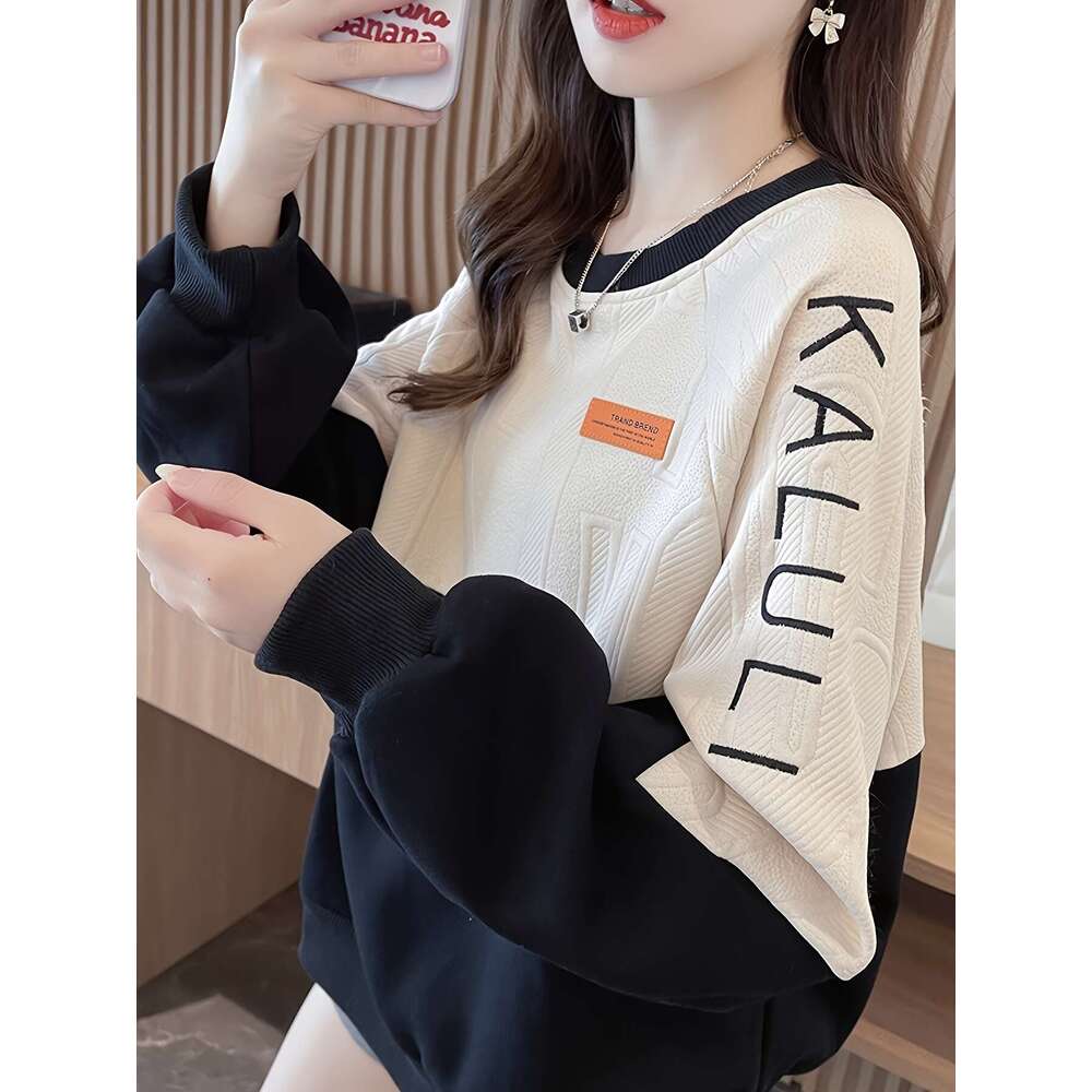 Embroidered Sweatshirt Embroidered Lettering Women S Casual Crew Neck Sweatshirt Beige Green Contrast Color Textured Fabric Long Sleeves Fall Winter