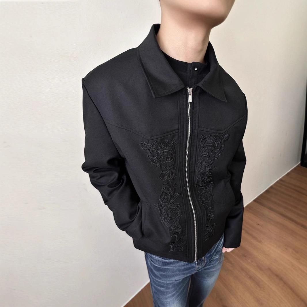 American Style Carved Designer Coat Western Embroidery Jacket Men's Trendy Brand Cleanfit Niche Design Short Turn-down Collar Jacket