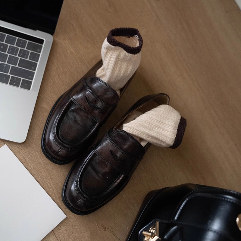 Sheepskin ~ thick-soled leather loafers women's British style retro lazy man with a single shoe with skirt jk small leather shoes2025