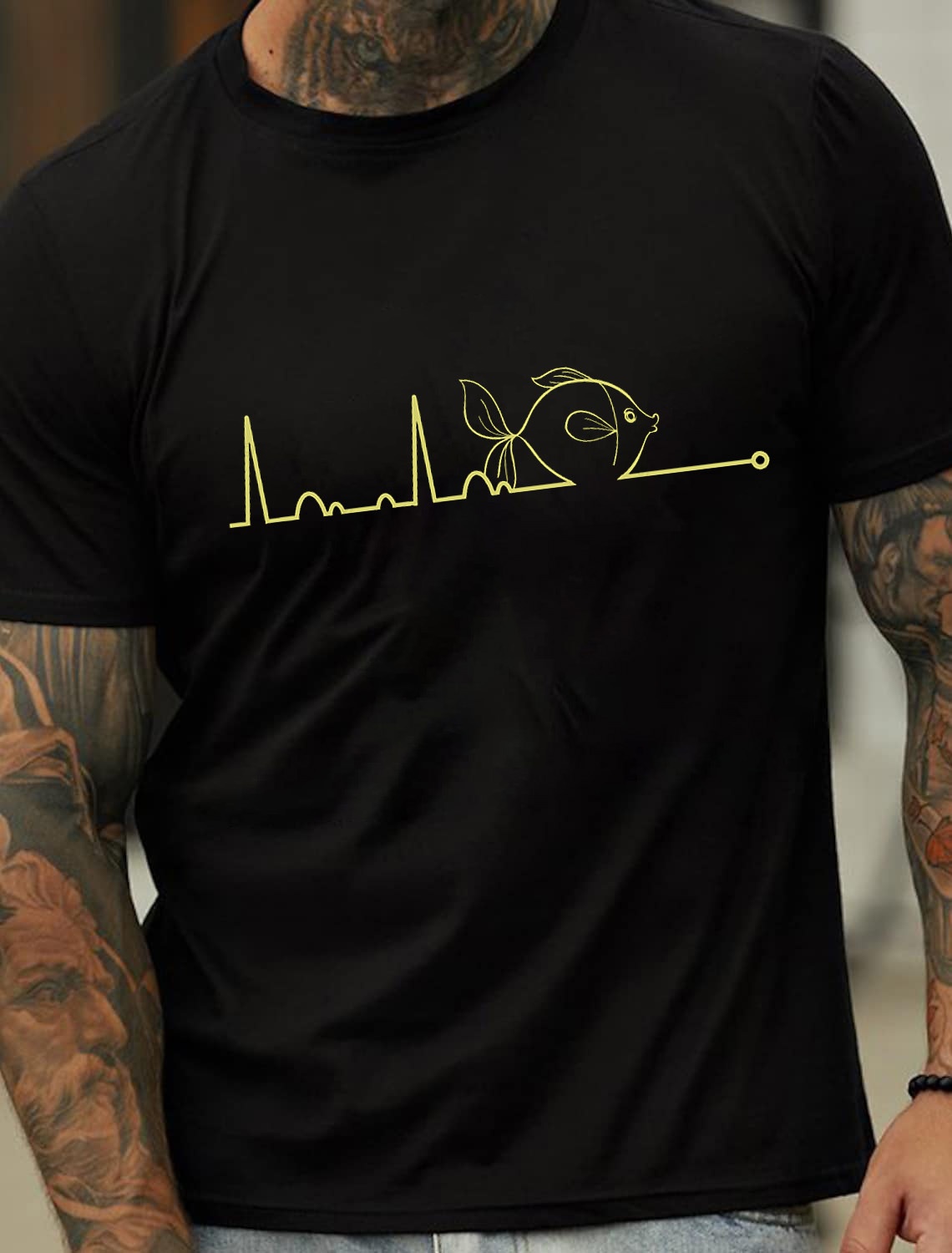 European & American Oversized Heartbeat Line Fish Pattern Fashion Men's Cotton Summer T-Shirt - TT7094