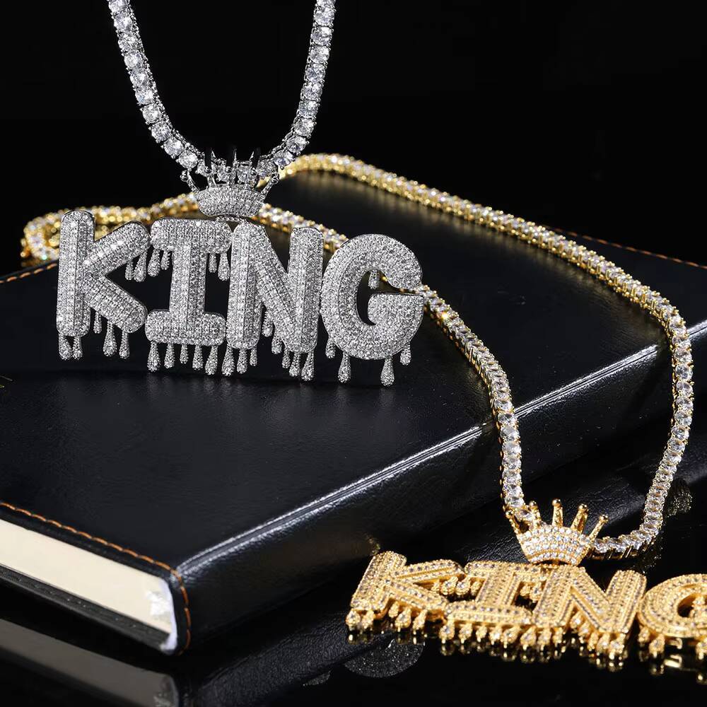 Hip Hop Crown Hook Diamond Letter Pendant Jewelry Shiny moissanite Gold Plated Custom Name Necklace for Men Women Designer style customizable letters
