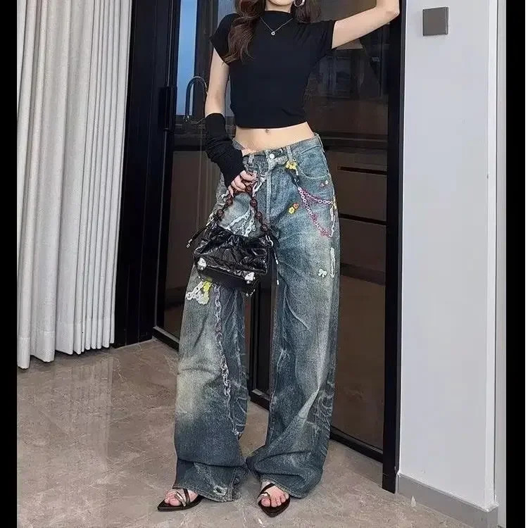 High Waist Straight Leg Jeans Womens Chain Print 3D Floral Casual Fashionable Floor Length Trousers 251029