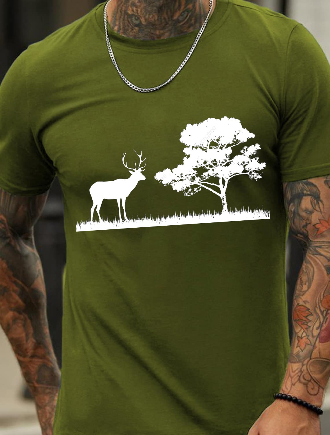 European and American Oversized Forest and Deer Print Men's Cotton Summer T-Shirt - TT7190