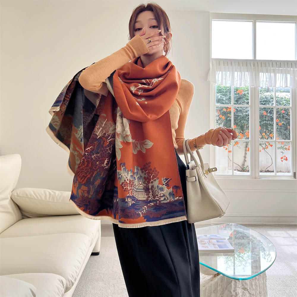 Korean Style Artistic Landscape Pattern Scarf Autumn And Winter Double Sided Thick Warm Large Shawl Scarf Retro Aesthetic Versatile Scarf