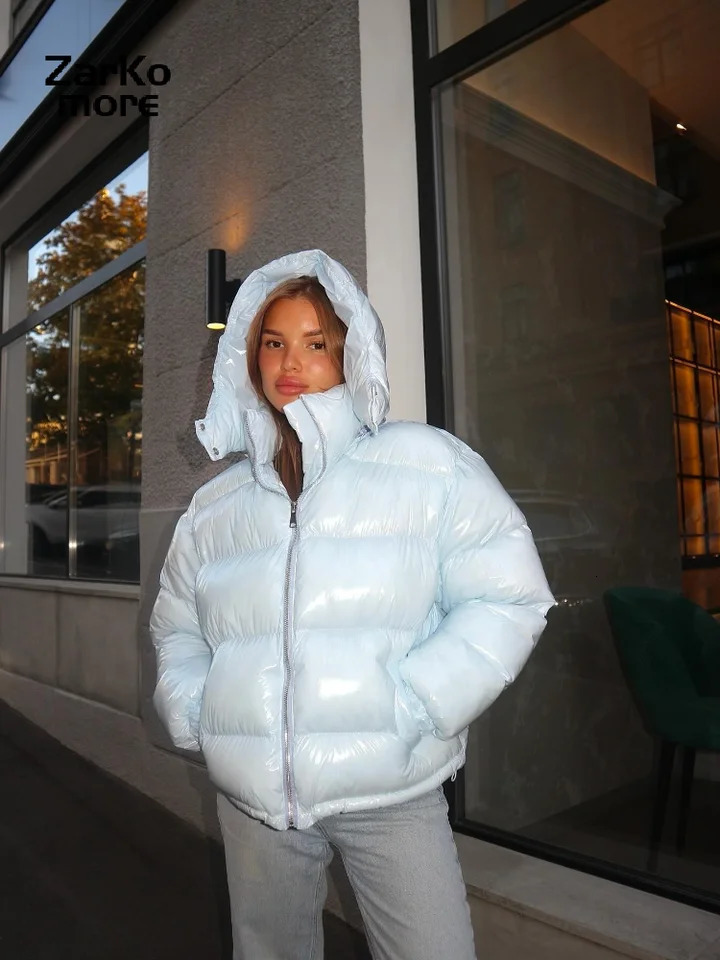 Fashion Shiny Solid Hooded Quilted Jacket Women Stand Collar Long Sleeve Zipper Warm Coat 2025 Autumn Winter Lady Street Outwear 251030