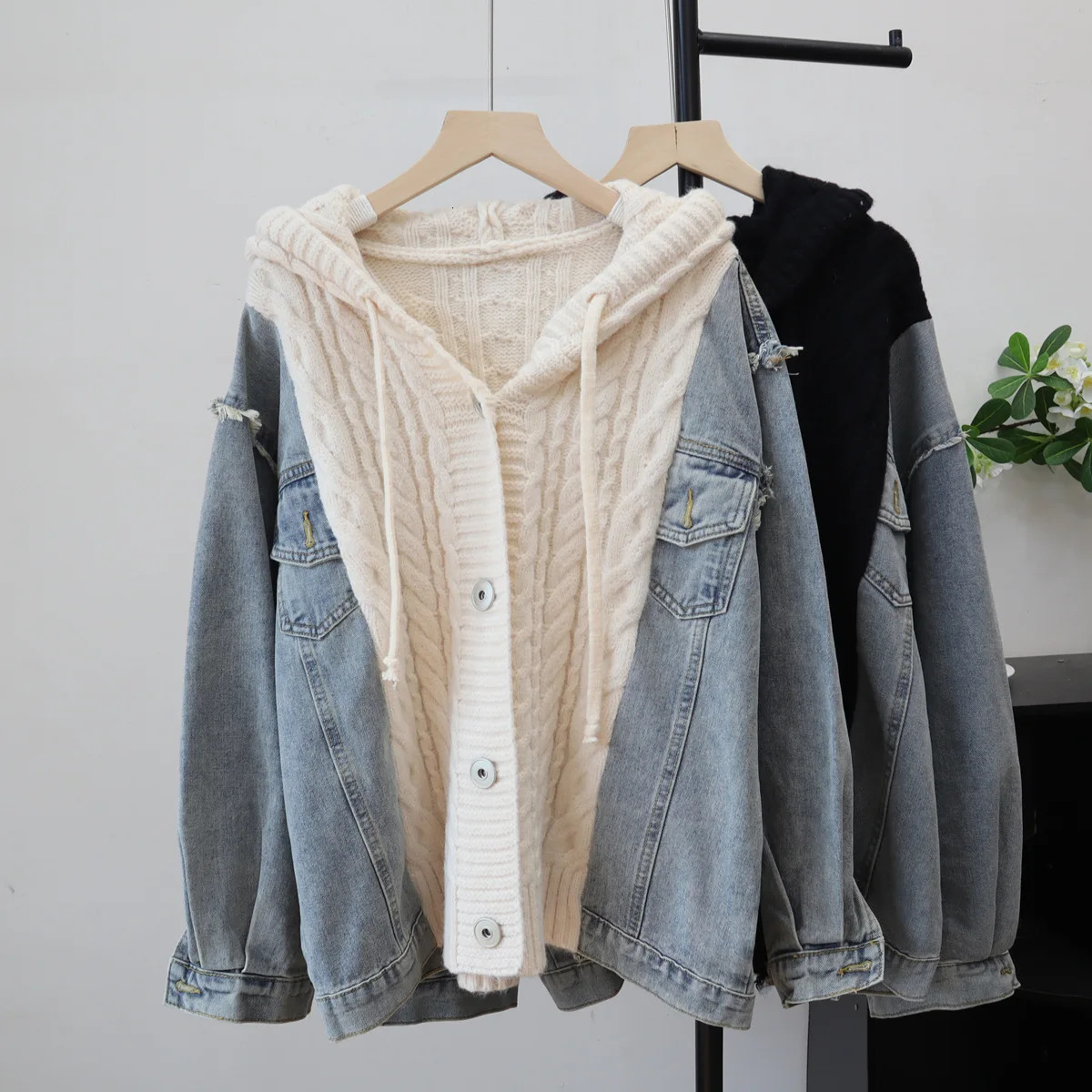Women Jeans Spliced Sweaters Cardigan Cable Knitted Jumpers Hooded Long Sleeves Single Breasted Loose Y2k Autumn Winter 2025 251029