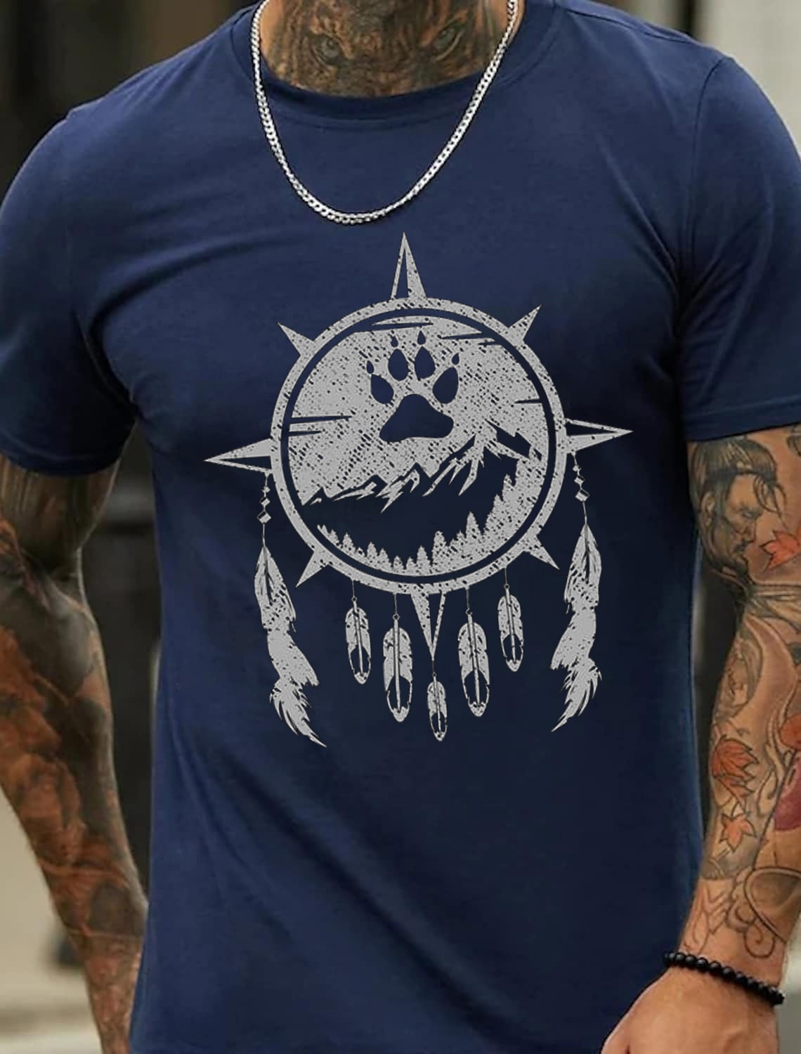 European & American Oversized Bear Paw Print Mountain Wind Chime Floral Pattern Men's Cotton Summer T-Shirt - TT7250