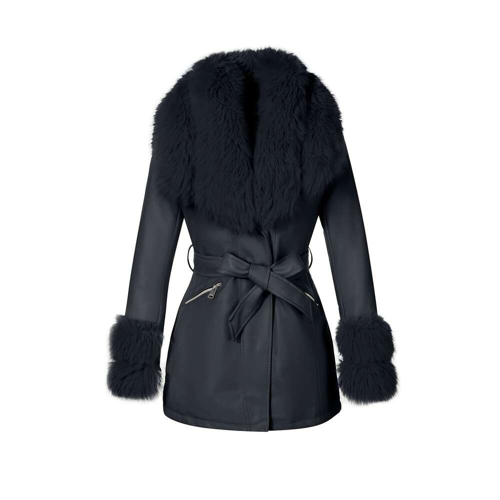 Elegant Jacket Elegant Women S Detachable Faux Fur Collar Belted Jacket Black Coat With Golden Tone Zipper Adjustable Waist Non Stretch Fabric For Fal