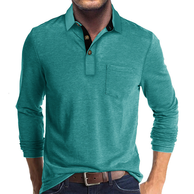 Slim Fit Long Sleeve Turn-Down Collar Color Cotton Stretch Polo Shirt Breathable, Wear-Resistant, High Elasticity Polo