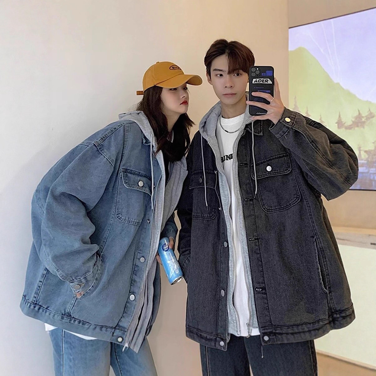 Stylish Designer Coat Denim Jacket For Men Spring And Autumn Trendy Brand Ins Style Hooded Loose Fit Versatile Coat Trendy Korean Version Fake Two-pie