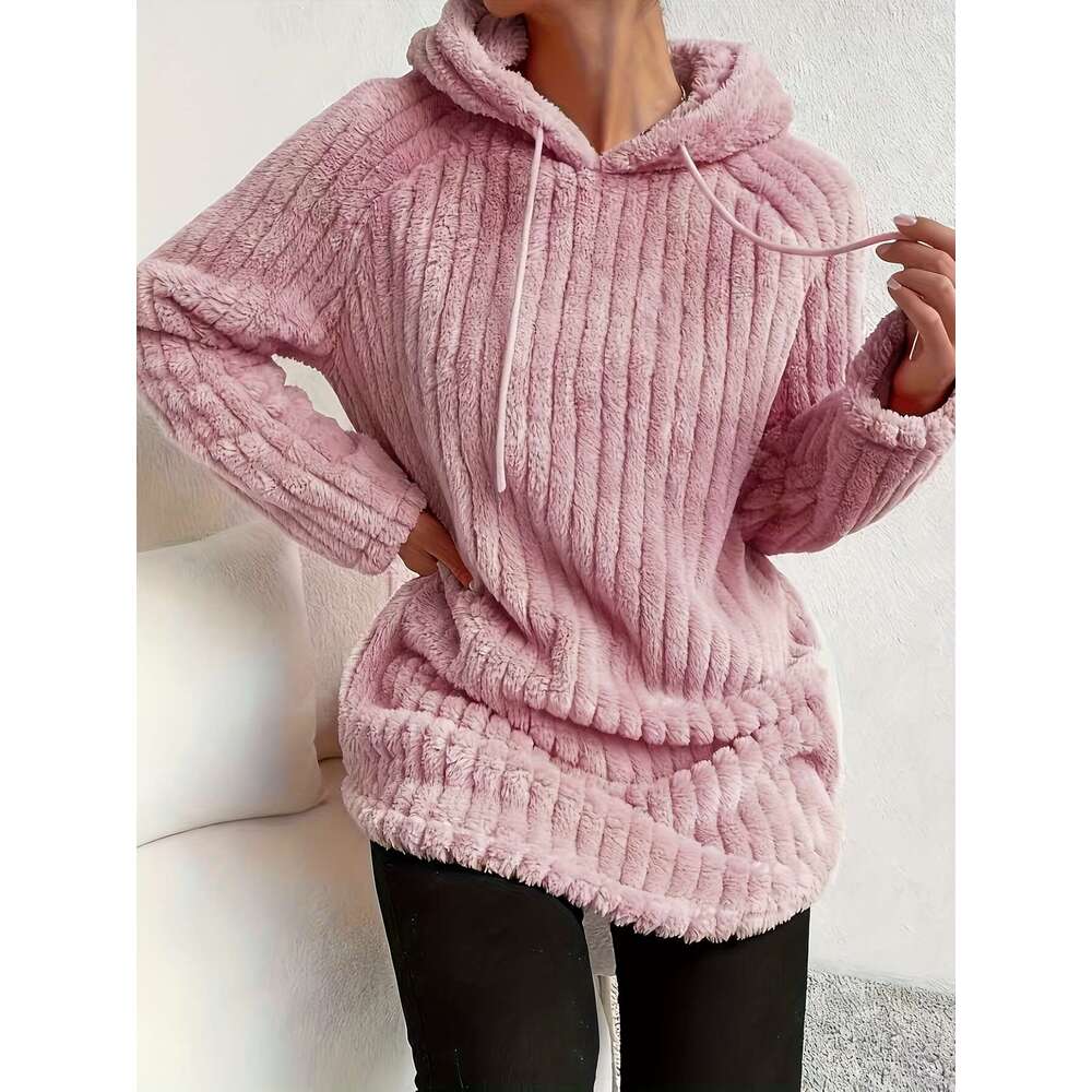Raglan Teddy Hoodie Casual Curved Hem Long Sleeve Hooded Drawstring Sweatshirt For Winter Fall Women S Clothing