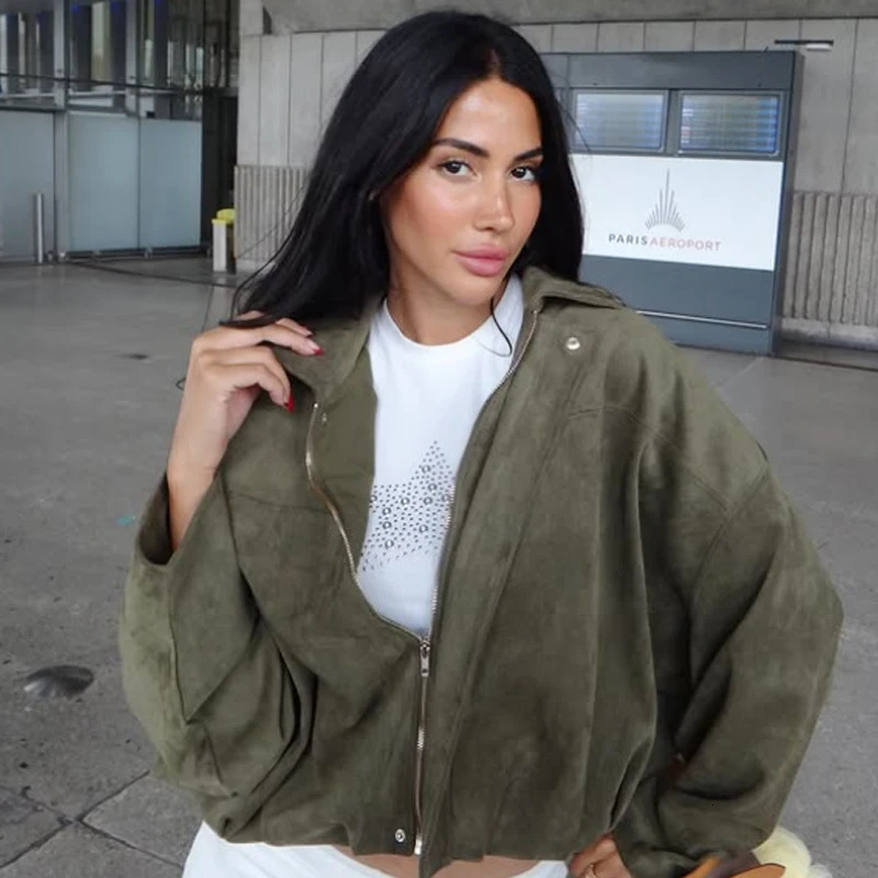 HXAO Suede Bomber Jacket Woman Green Khaki Outerwears Womens Spring Crop Oversize Long Sleeve Coats Fashion 251028