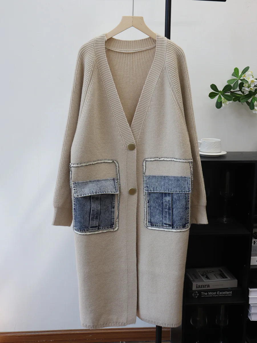 Spliced Women Cardigan Sweaters Knitted Long Jumpers V Neck Long Sleeves Denim Pocket Button Loose Fit Casual Autumn Winter 2025 251029