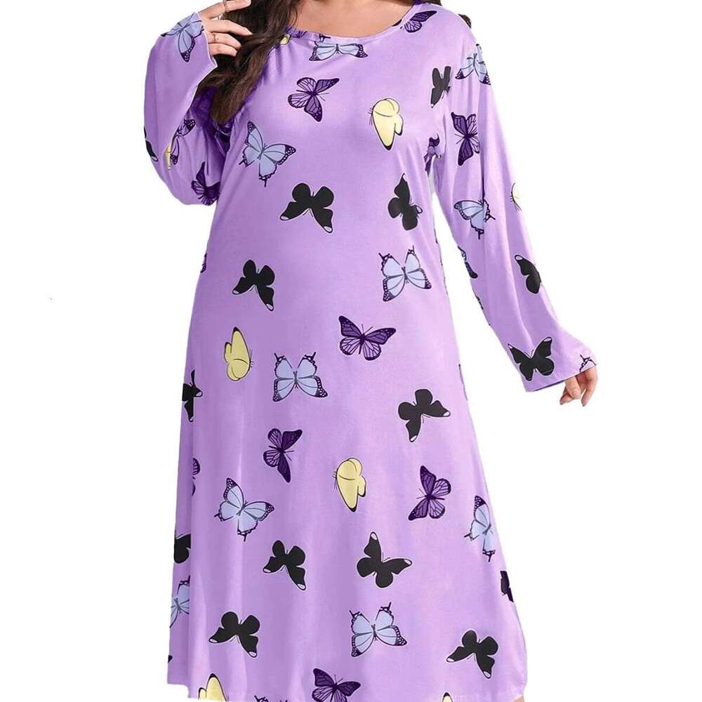 2025 Plus Size Women's Sleeve Butterfly Heart Leopard Print Off-Shoulder Long Nightdress Dress