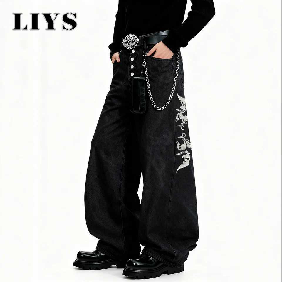 American Retro Street Mens Baggy Wide Leg Jeans Angel Wings Embroidery Button HipHop Bad Boy Charm Loose Denim Pants Clothes J251030